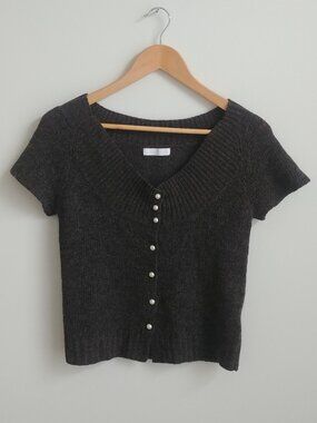 Bianca Maria 100% wool dark brown sweater top cardigan pearl buttons M fits XS